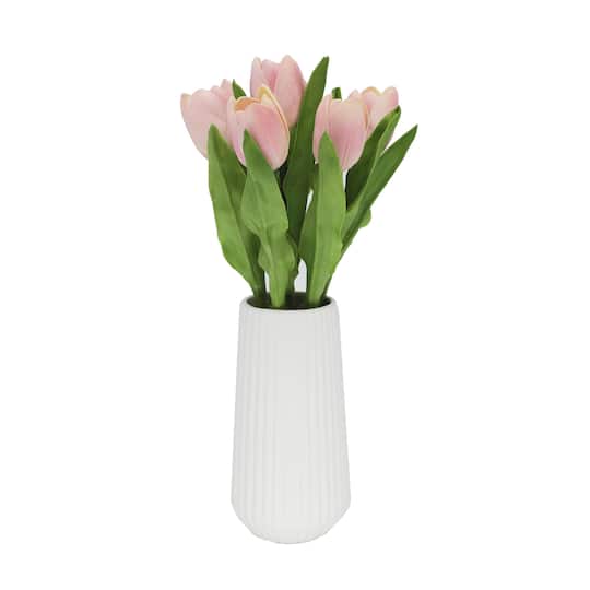 Flora Bunda® 8" Real-Touch Tulips In Ceramic Vase in White | 7.25" x 7.25" x 16" | Michaels®